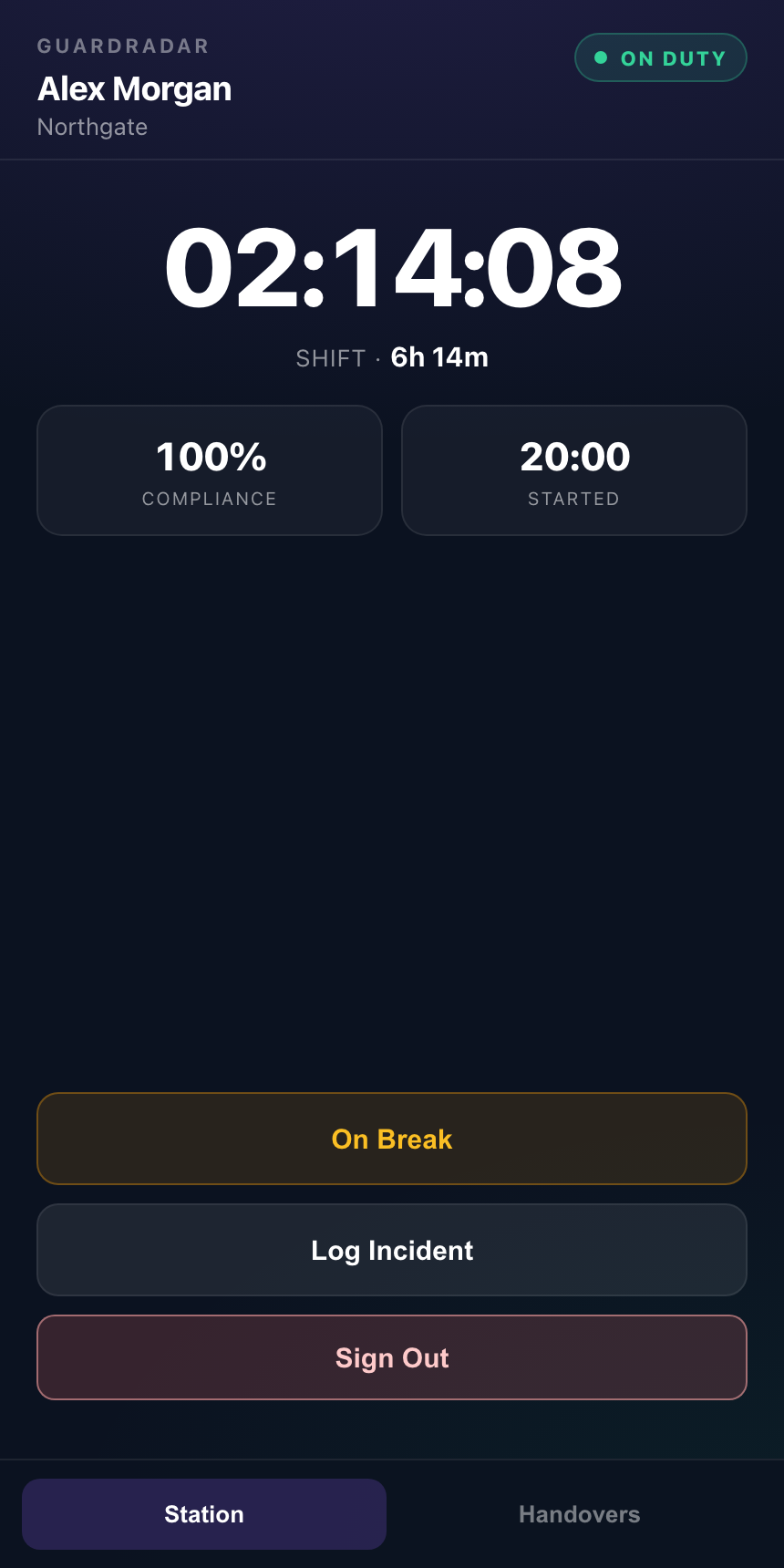 Field app on duty — clock, On duty, Break, Log Incident and Sign Out